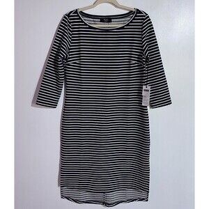 Brass‎ Dress Medium Navy Blue White Striped Fall Travel Casual Preppy Office